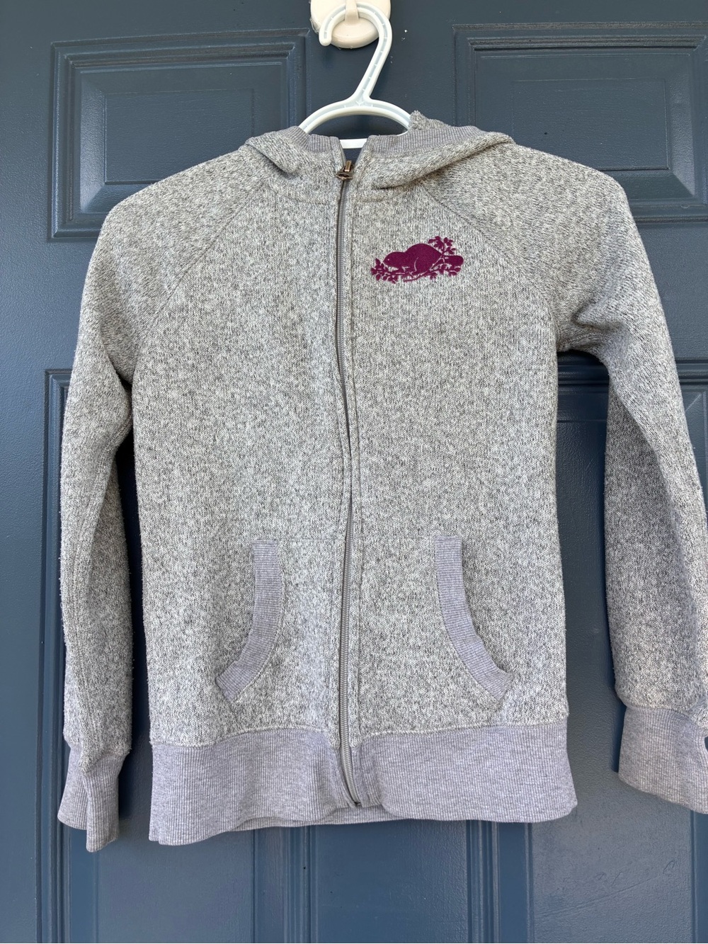 Roots Gray Zip Hoodie with Plum Logo; unisex, Size Large (9-10years) fleece line